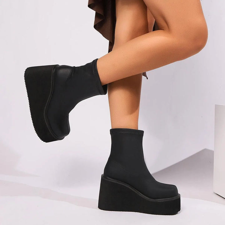 Women's Platform Wedge Sock Ankle Heeled Boots Square Toe