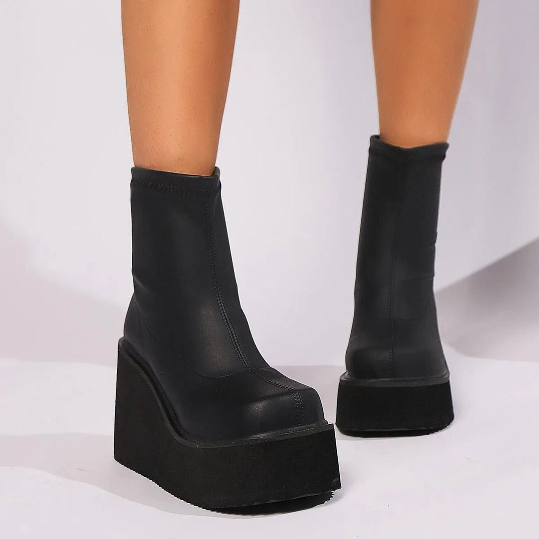 Women's Platform Wedge Sock Ankle Heeled Boots Square Toe