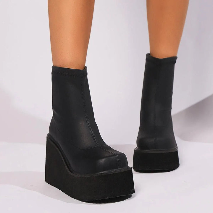 Women's Platform Wedge Sock Ankle Heeled Boots Square Toe