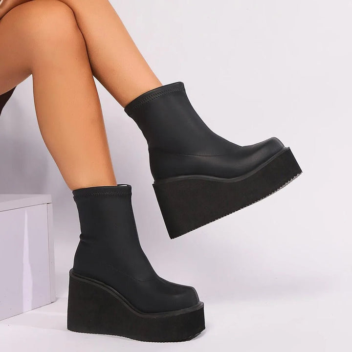 Women's Platform Wedge Sock Ankle Heeled Boots Square Toe