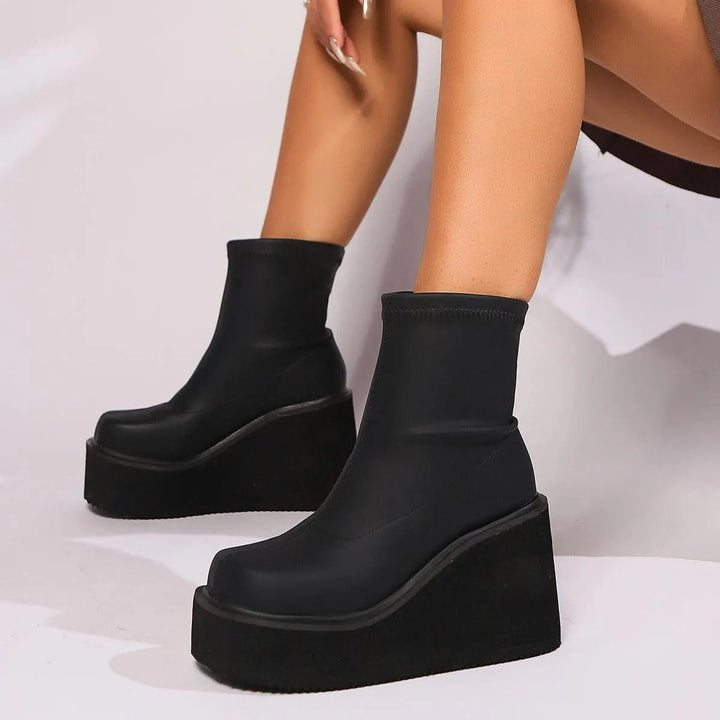 Women's Platform Wedge Sock Ankle Heeled Boots Square Toe