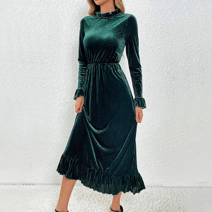 Women's Pleated Velvet Party Dress Ruffle Hem Long Sleeve Midi