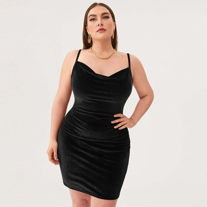 Women's Plus Size Velvet Party Dress Cowl-Neck Bodycon Slip - Black