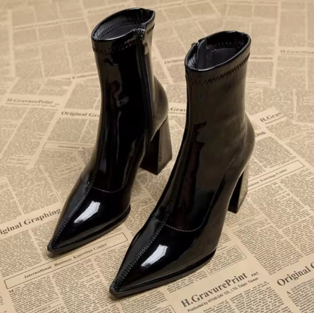 Women's Pointed-Toe Block Heel Ankle Heeled Boots Patent Leather