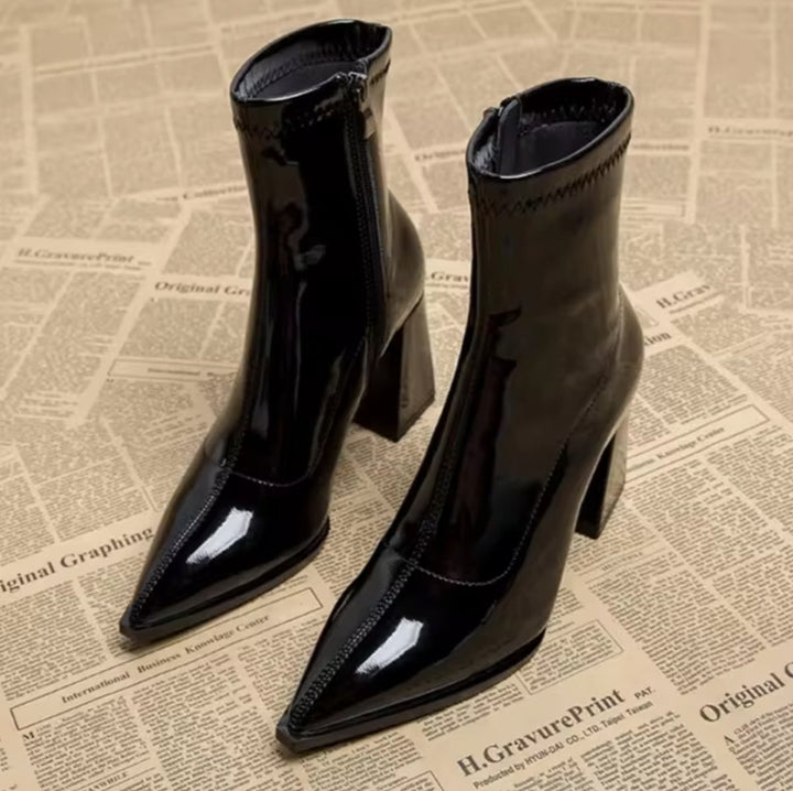 Women's Pointed-Toe Block Heel Ankle Heeled Boots Patent Leather