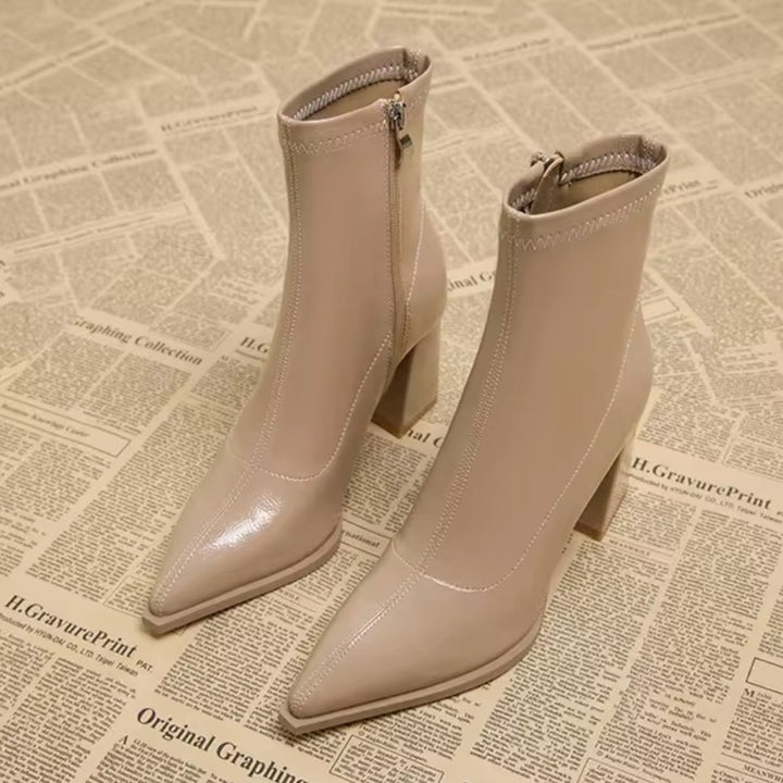 Women's Pointed-Toe Block Heel Ankle Heeled Boots Patent Leather