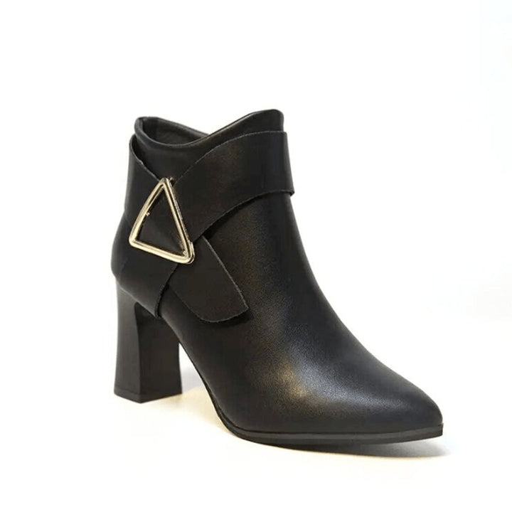Women's Pointed-Toe Block-Heel Ankle Heeled Boots Triangle Buckle