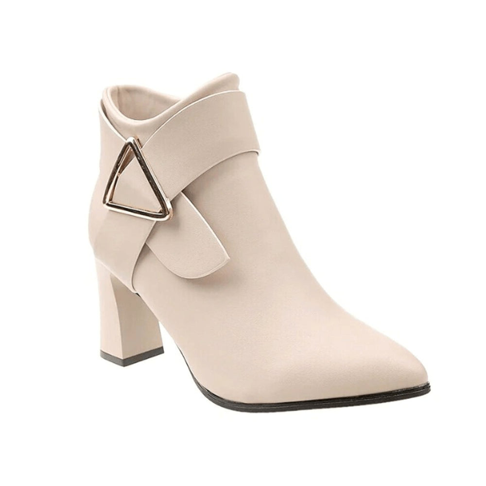 Women's Pointed-Toe Block-Heel Ankle Heeled Boots Triangle Buckle