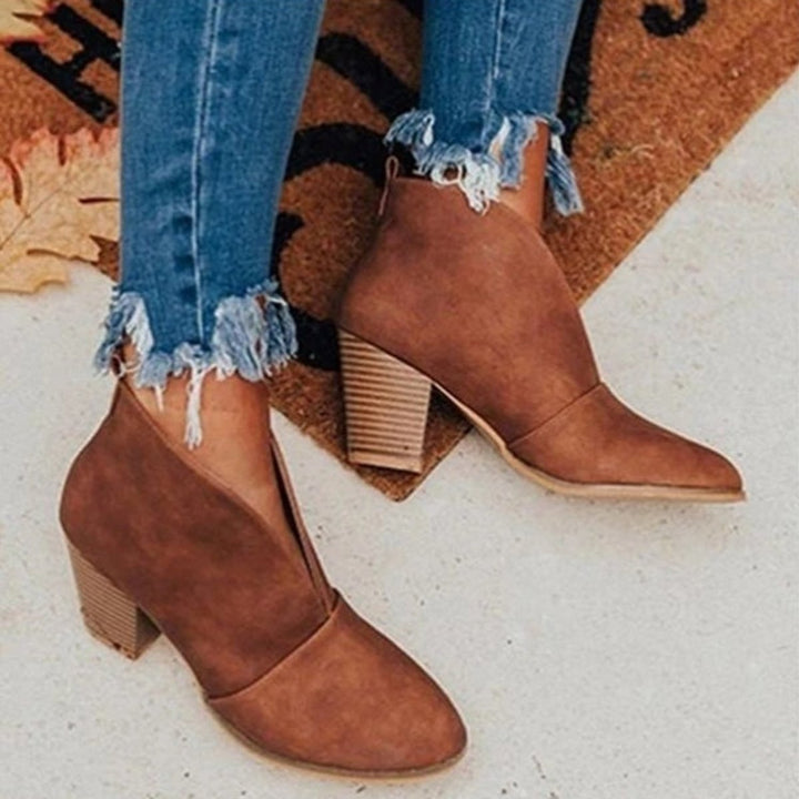 Women's Pointed-Toe Block-Heel Ankle Heeled Boots V-Cut