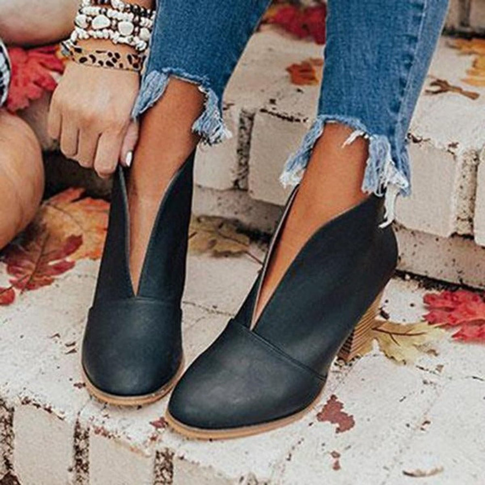 Women's Pointed-Toe Block-Heel Ankle Heeled Boots V-Cut
