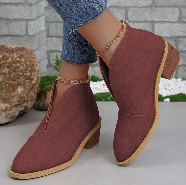 Women's Pointed-Toe Block-Heel Ankle Heeled Boots V-Cut