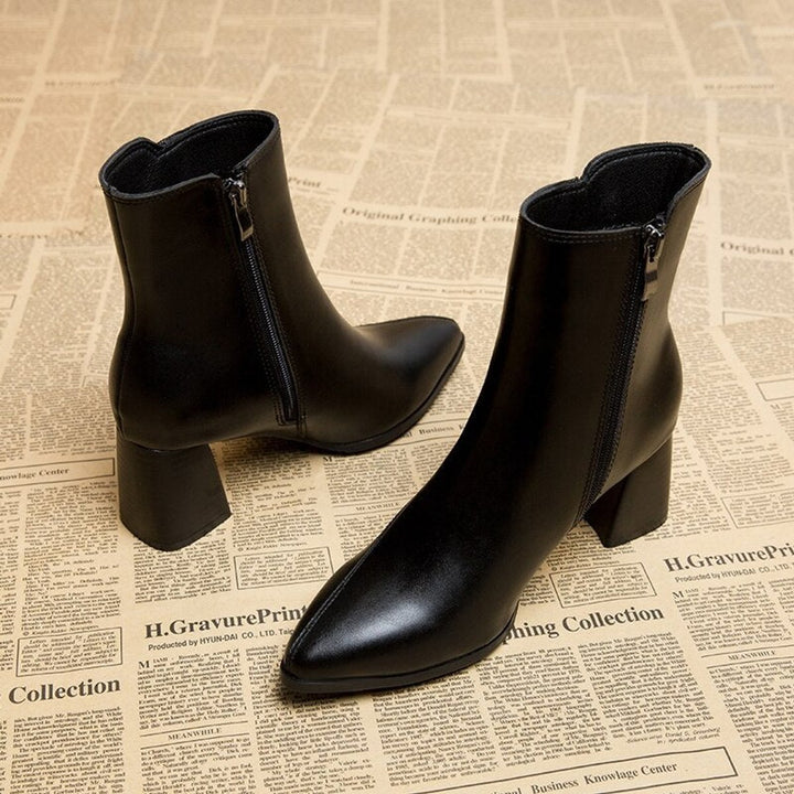 Women's Pointed-Toe Block-Heel Ankle Heeled Boots Zip-Up
