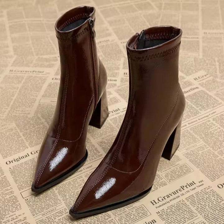 Women's Pointed-Toe Patent Ankle Heeled Boots Side-Zip