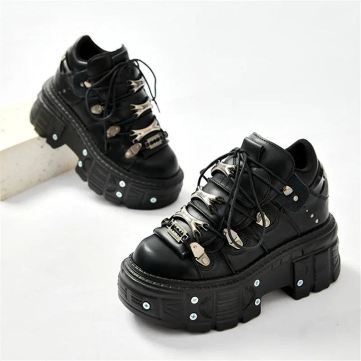 Women's Punk Gothic Lace-Up Platform Ankle Heeled Boots Metal Studded