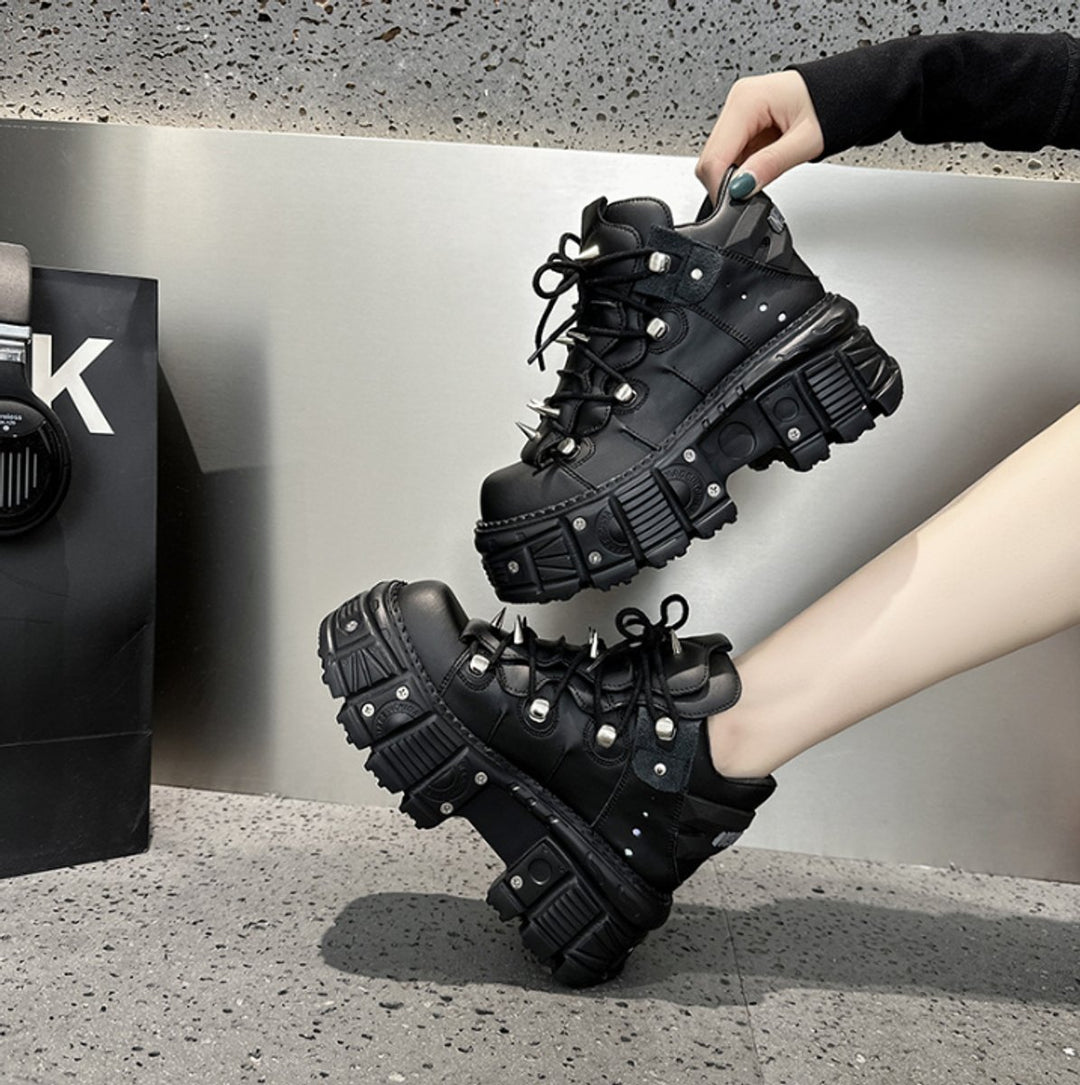 Women's Punk Gothic Lace-Up Platform Ankle Heeled Boots Metal Studded
