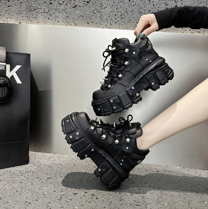 Women's Punk Gothic Lace-Up Platform Ankle Heeled Boots Metal Studded