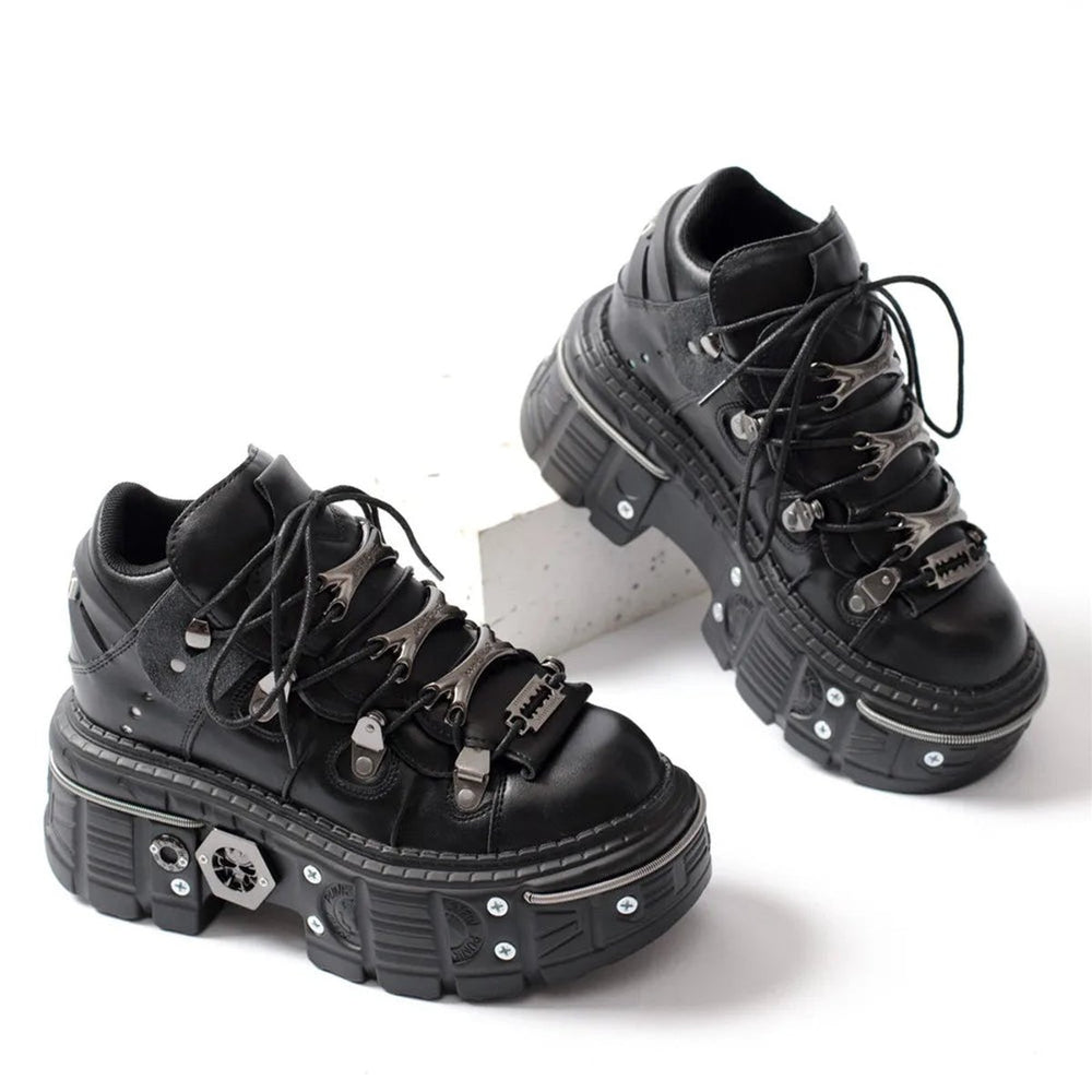 Women's Punk Gothic Lace-Up Platform Ankle Heeled Boots Metal Studded