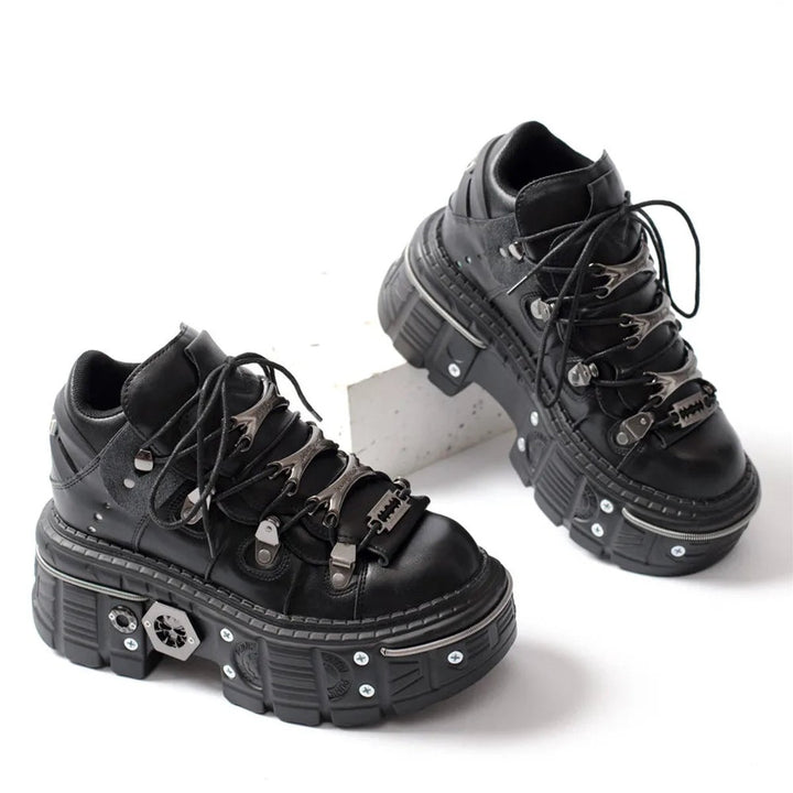 Women's Punk Gothic Lace-Up Platform Ankle Heeled Boots Metal Studded