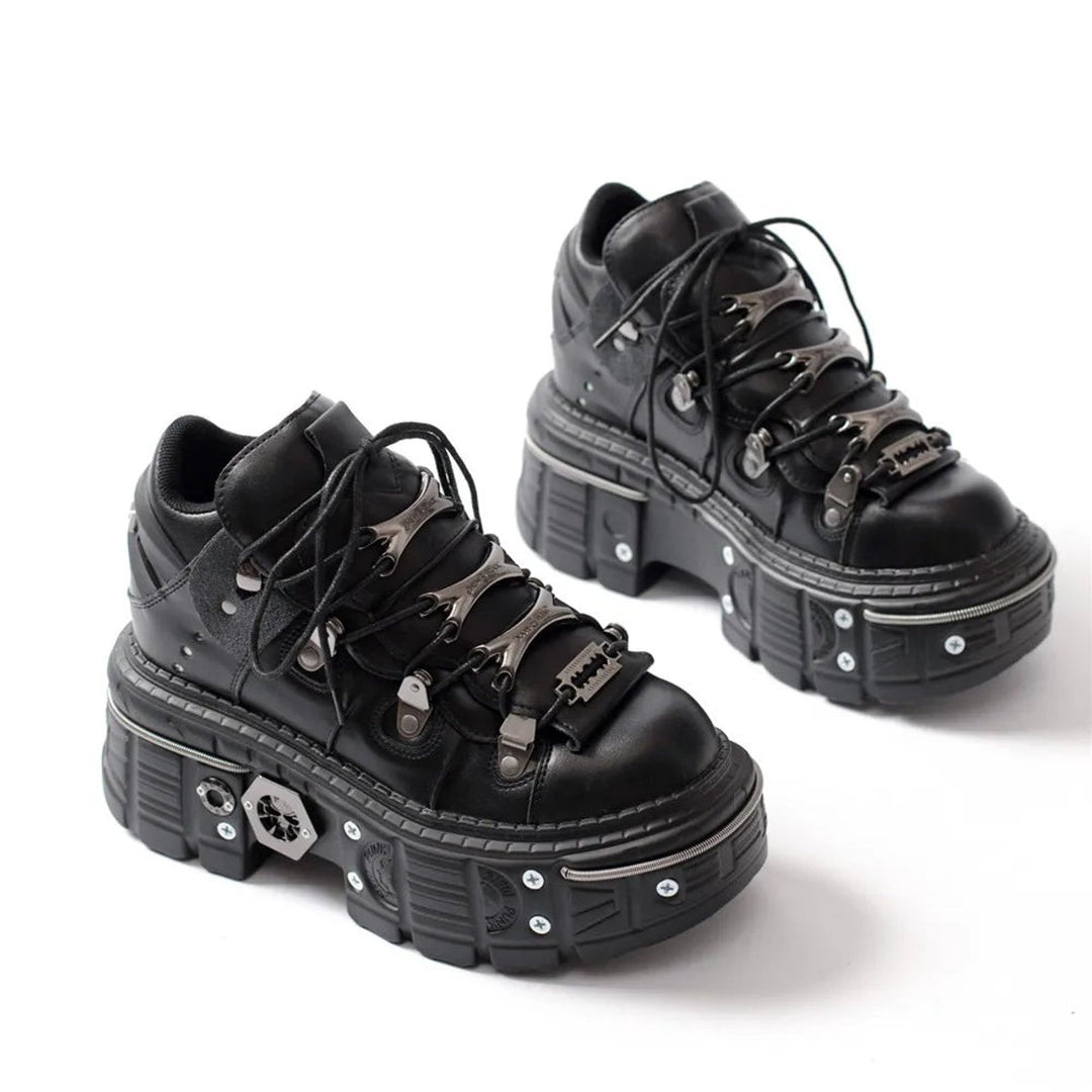 Women's Punk Gothic Lace-Up Platform Ankle Heeled Boots Metal Studded