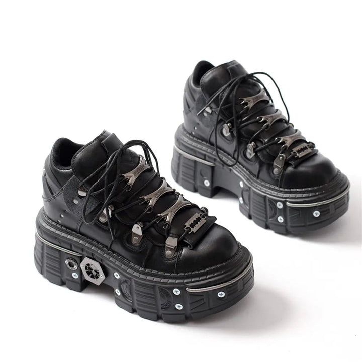 Women's Punk Gothic Lace-Up Platform Ankle Heeled Boots Metal Studded