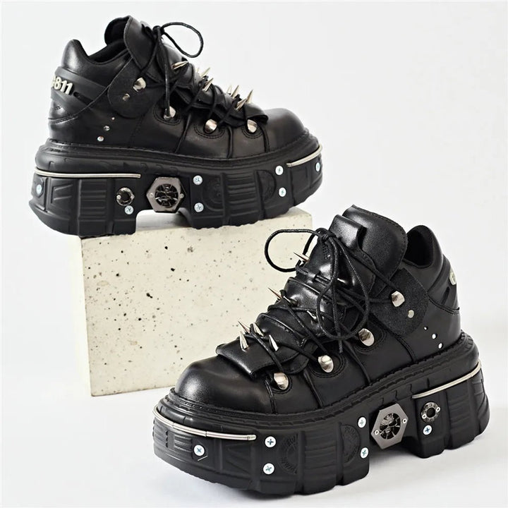 Women's Punk Gothic Lace-Up Platform Ankle Heeled Boots Metal Studded