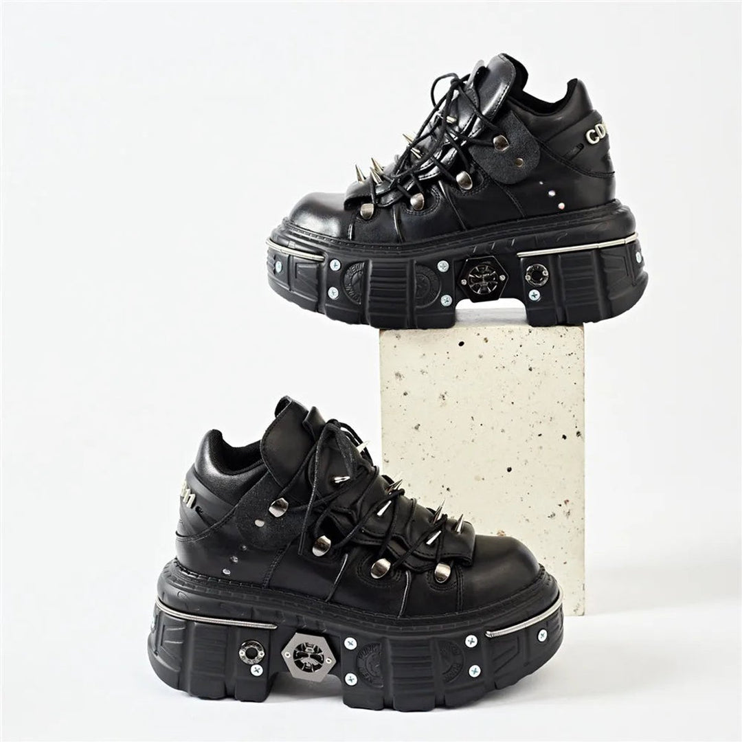 Women's Punk Gothic Lace-Up Platform Ankle Heeled Boots Metal Studded