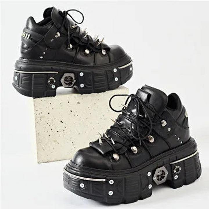 Women's Punk Gothic Lace-Up Platform Ankle Heeled Boots Metal Studded