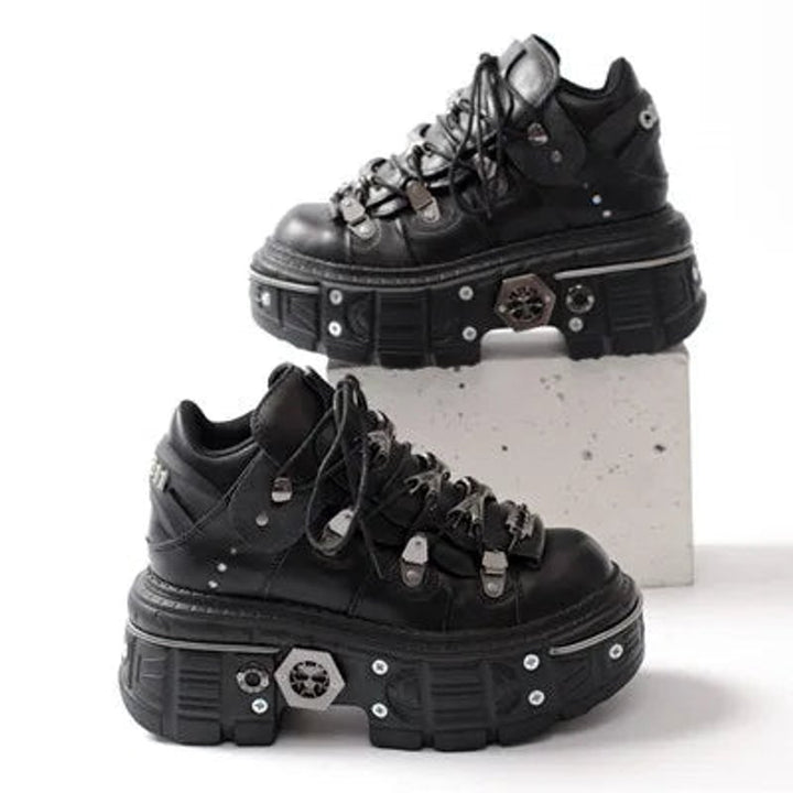 Women's Punk Gothic Lace-Up Platform Ankle Heeled Boots Metal Studded