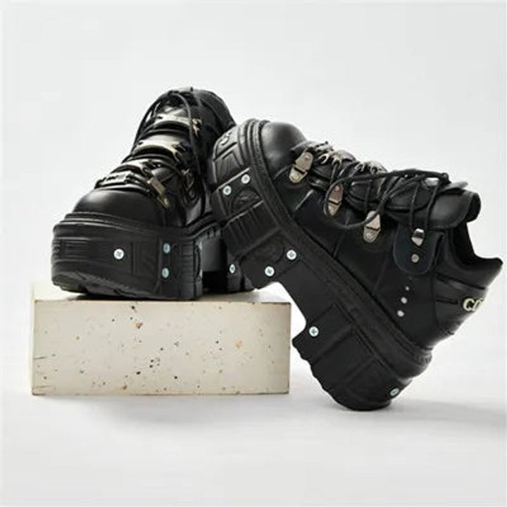 Women's Punk Gothic Lace-Up Platform Ankle Heeled Boots Metal Studded