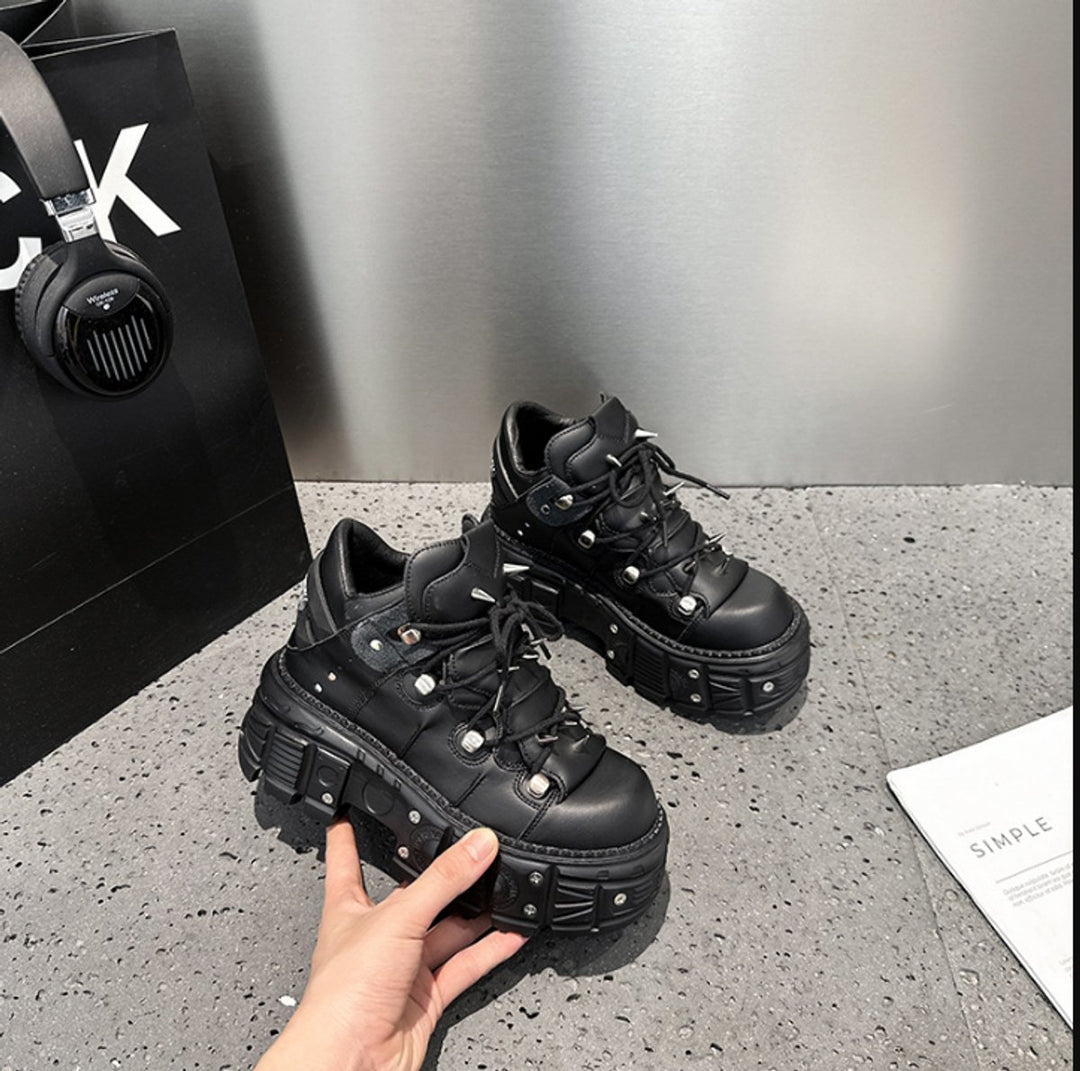 Women's Punk Gothic Lace-Up Platform Ankle Heeled Boots Metal Studded