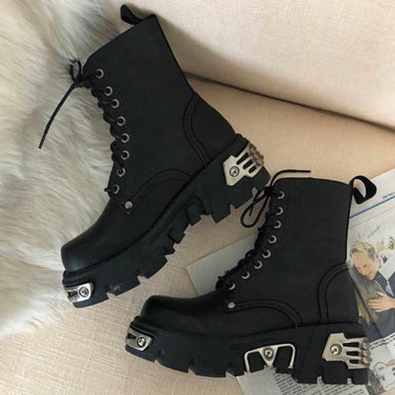 Women's Punk-Inspired Platform Ankle Heeled Boots Lace-Up