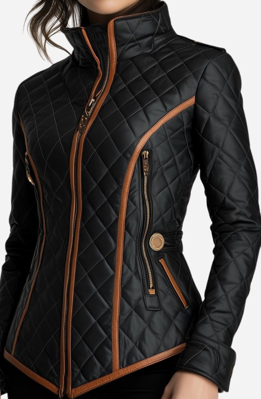 Women's Quilted Diamond-Stitch Puffer Jacket Tan Trim
