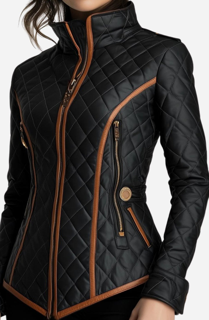 Women's Quilted Diamond-Stitch Puffer Jacket Tan Trim