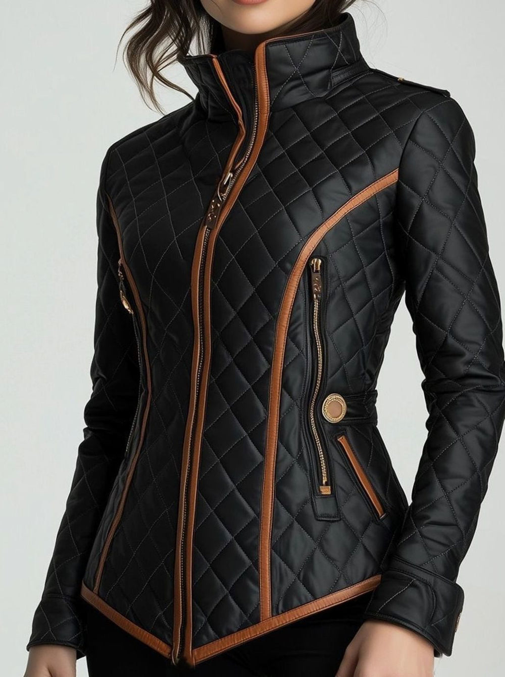 Women's Quilted Diamond-Stitch Puffer Jacket Tan Trim - Black