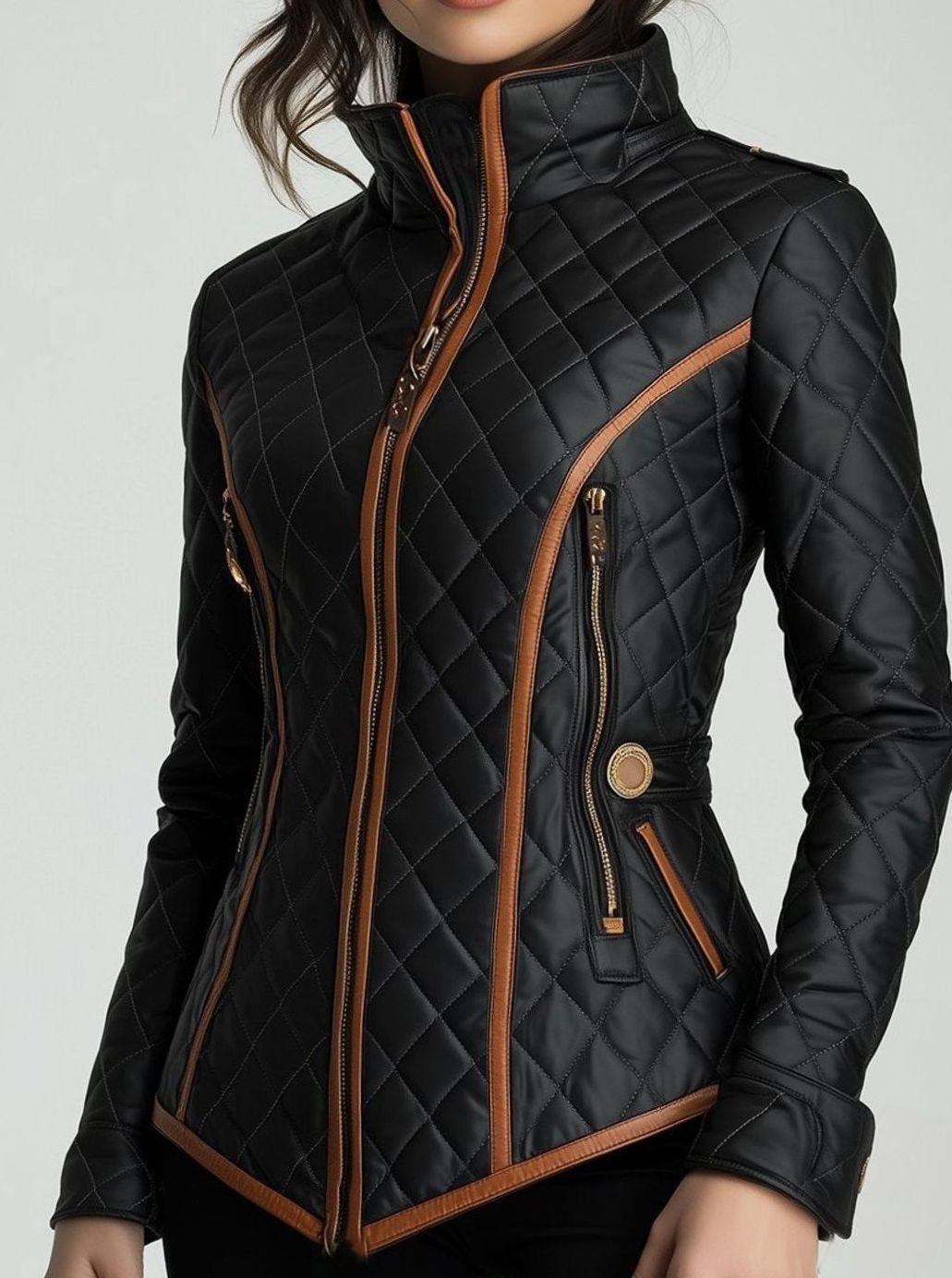 Women's Quilted Diamond-Stitch Puffer Jacket Tan Trim - Black