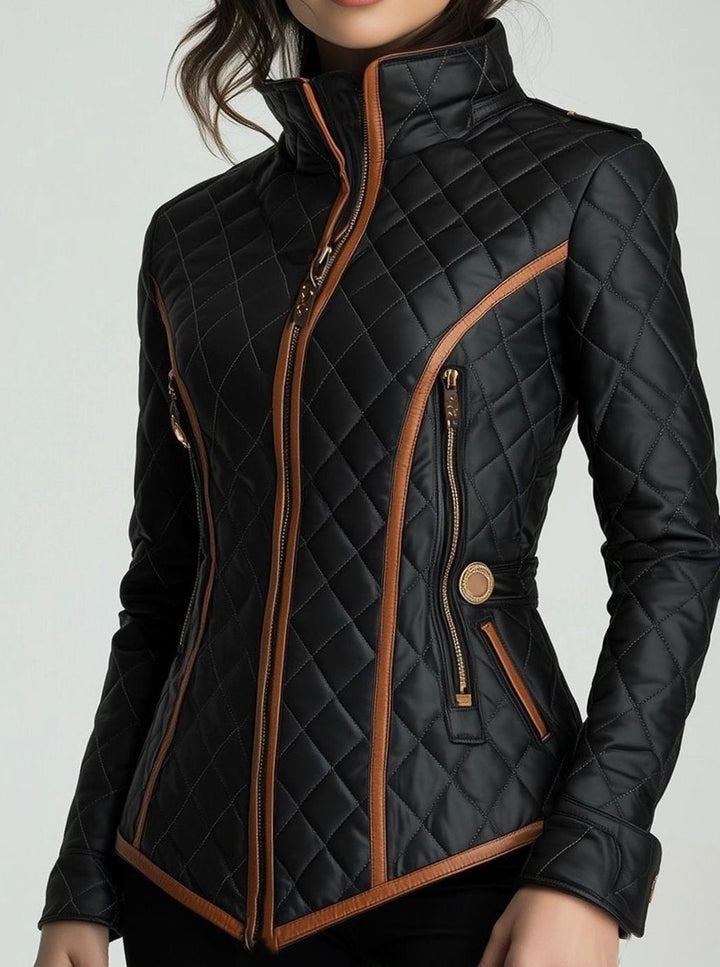 Women's Quilted Diamond-Stitch Puffer Jacket Tan Trim - Black