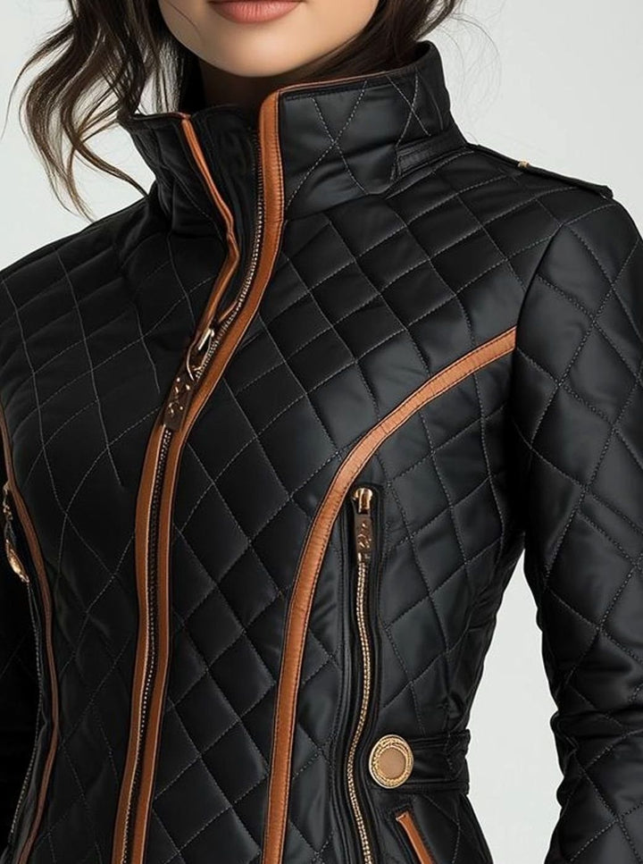 Women's Quilted Diamond-Stitch Puffer Jacket Tan Trim