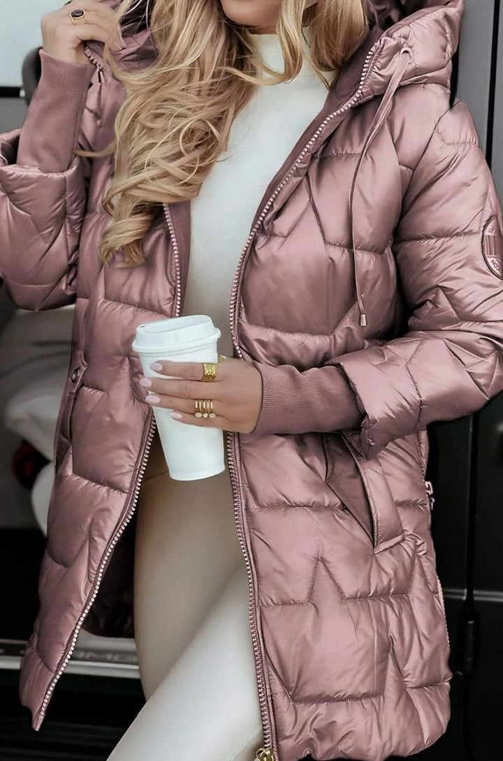 Women's Quilted Hooded Longline Puffer Jacket - Pink