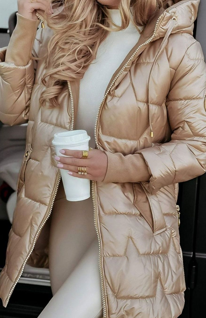 Women's Quilted Hooded Longline Puffer Jacket - Beige
