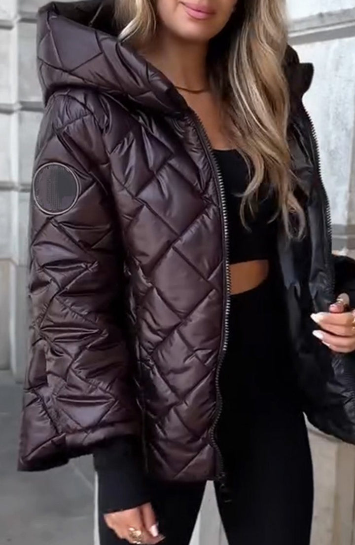 Women's Quilted Hooded Zip-Up Puffer Jacket - Brown