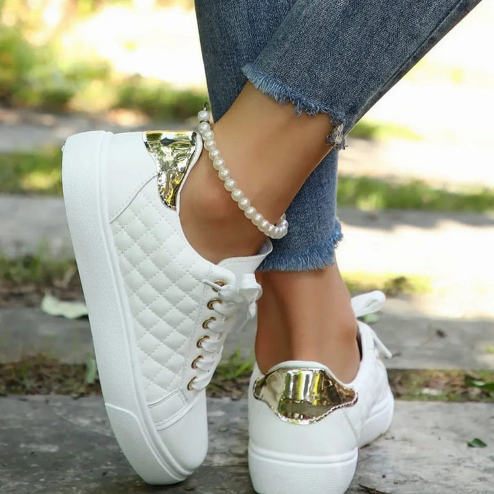 Women's Quilted Lace-Up Gold-Detail Flatform Trainers