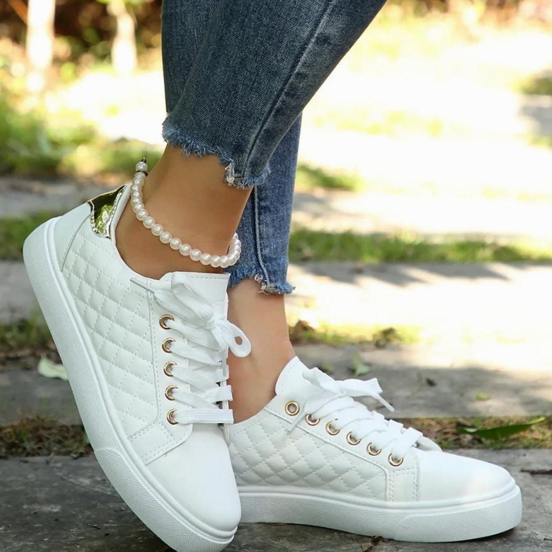 Women's Quilted Lace-Up Gold-Detail Flatform Trainers