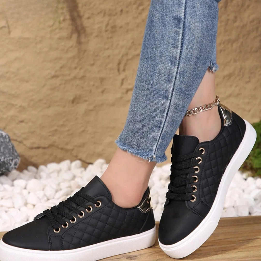 Women's Quilted Lace-Up Orthopaedic Shoes Gold-Eyelet Trainers - Black