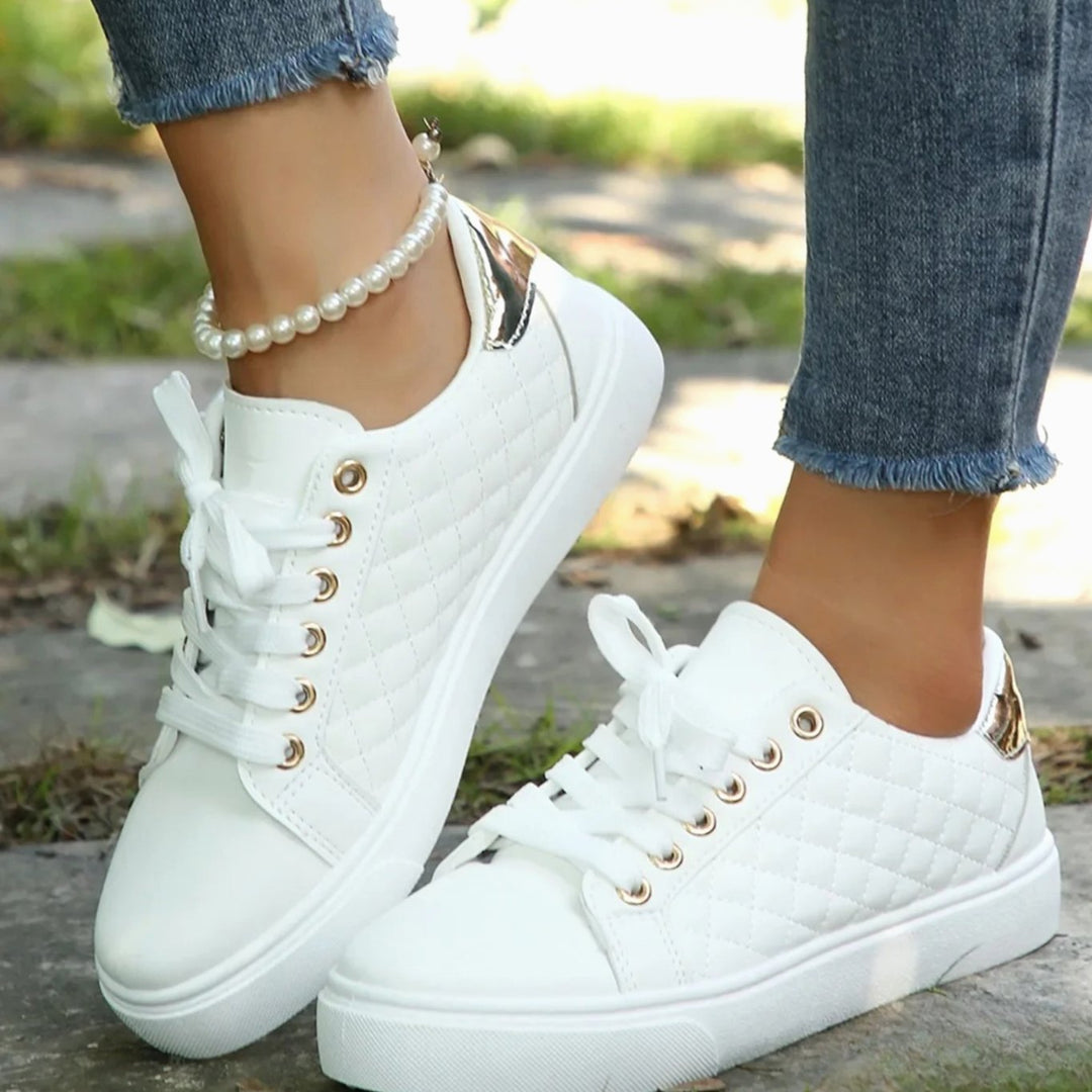 Women's Quilted Lace-Up Orthopaedic Shoes Gold-Eyelet Trainers - White