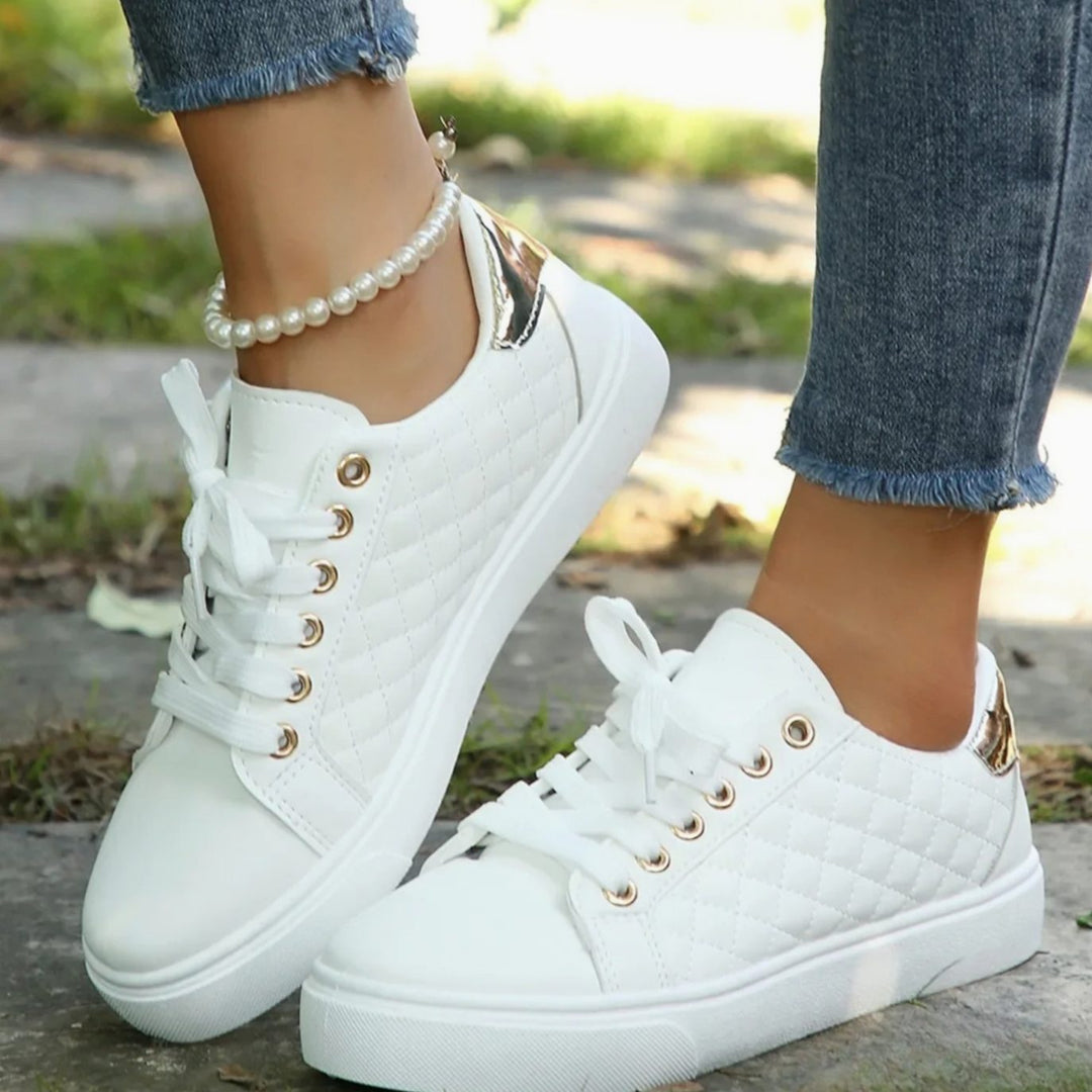 Women's Quilted Lace-Up Orthopaedic Shoes Gold-Eyelet Trainers