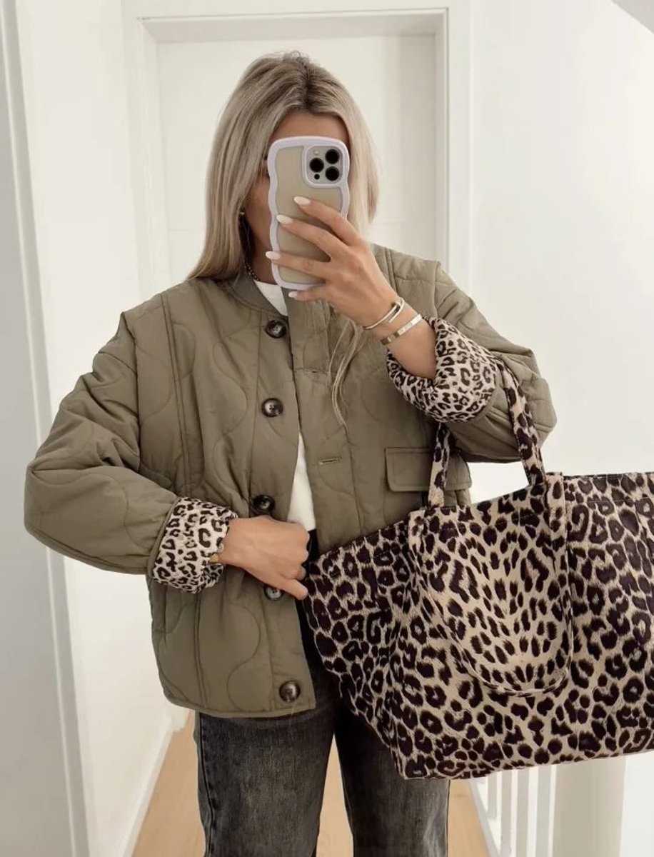 Women's Quilted Leopard-Lined Relaxed Padded Coat - Olive Green