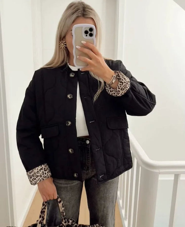 Women's Quilted Leopard-Lined Relaxed Padded Coat - Black