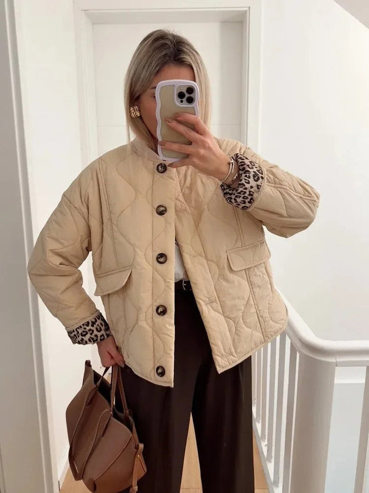 Women's Quilted Leopard-Lined Relaxed Padded Coat - Beige