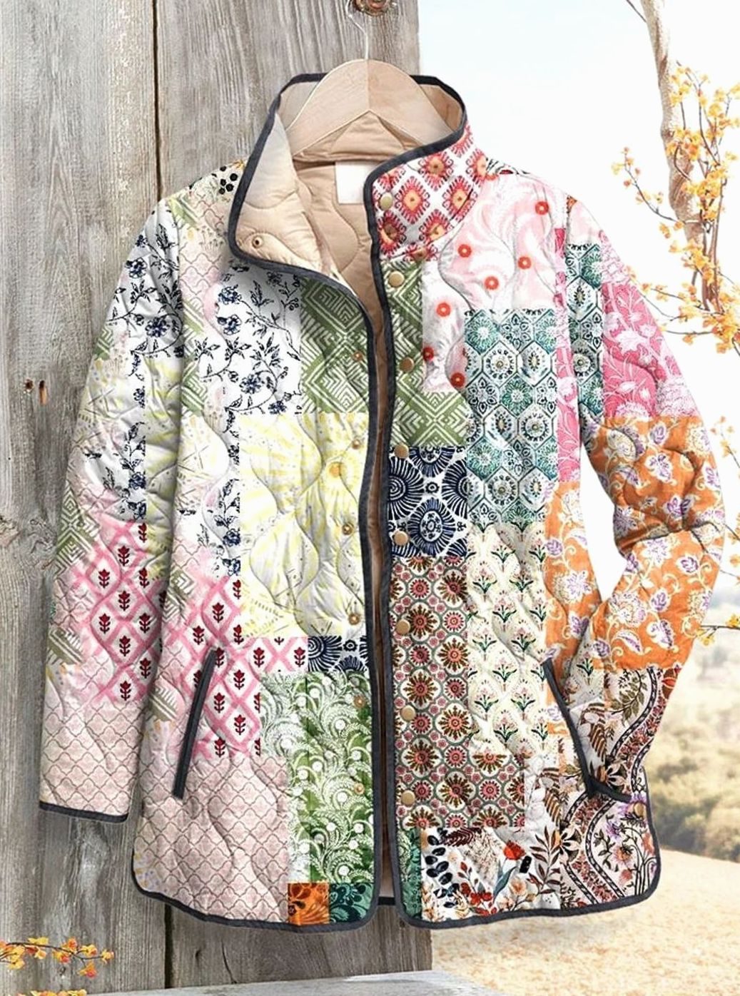 Women's Quilted Patchwork Puffer Jacket Relaxed Fit - Multicolour