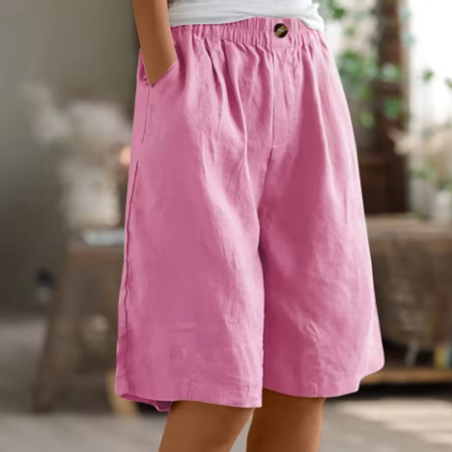 Women's Relaxed Elastic-Waist Wide Leg Linen Shorts